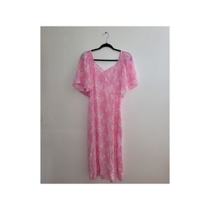 a new day Pink And White Floral Crepe Flutter Short Sleeve Midi Dress